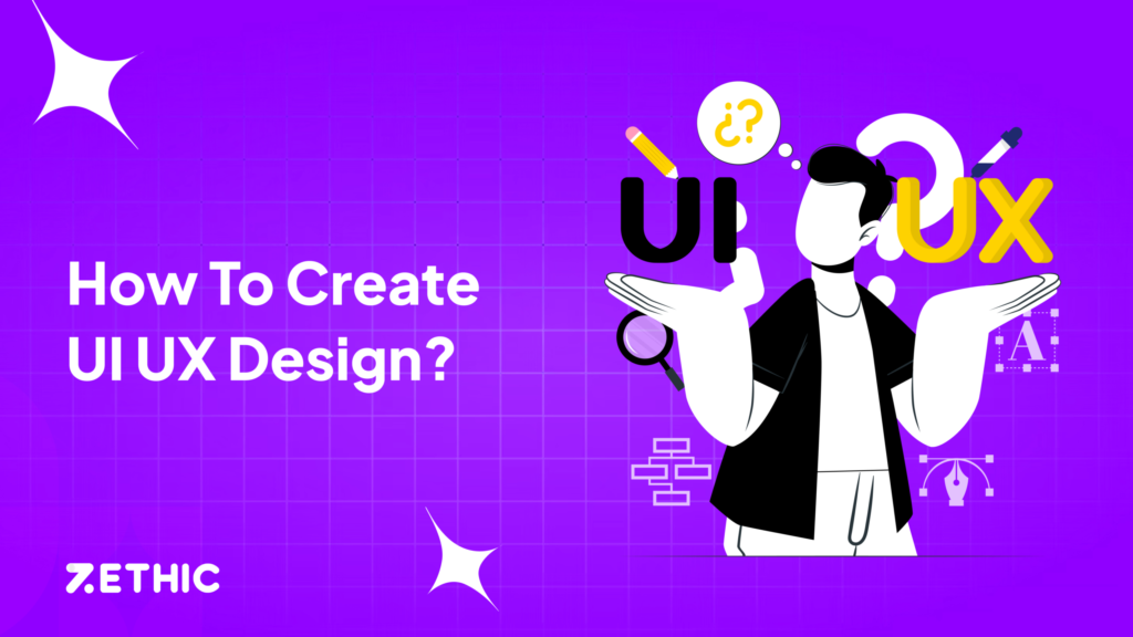 Illustration explaining UI UX design process to build a good looking UI for a website with modern design elements and tools