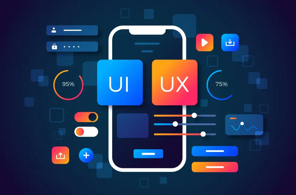 Illustration of a smartphone displaying "UI" and "UX" blocks surrounded by various design elements like buttons, sliders, and charts, visualizing the process to create a good looking UI for a website.