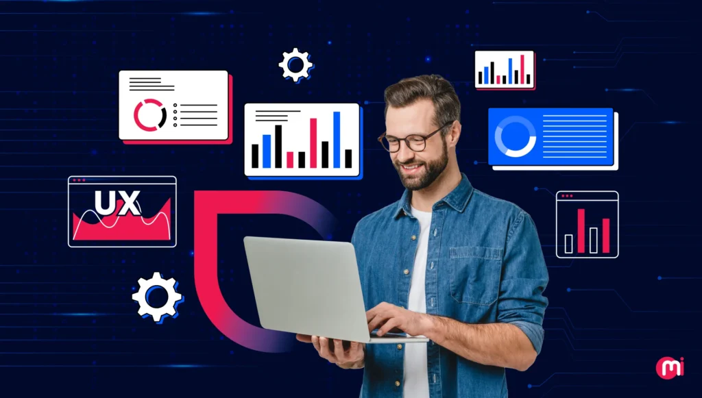 Designer analyzing UX data and dashboards to create a good looking UI for a website with modern charts and interface elements