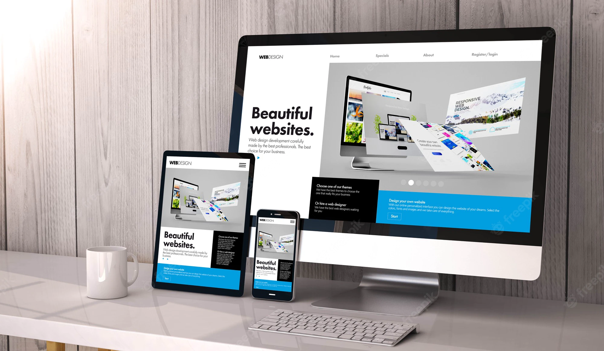 Responsive web design showcased across desktop, tablet, and mobile devices, demonstrating how a website adapts seamlessly to different screen sizes.