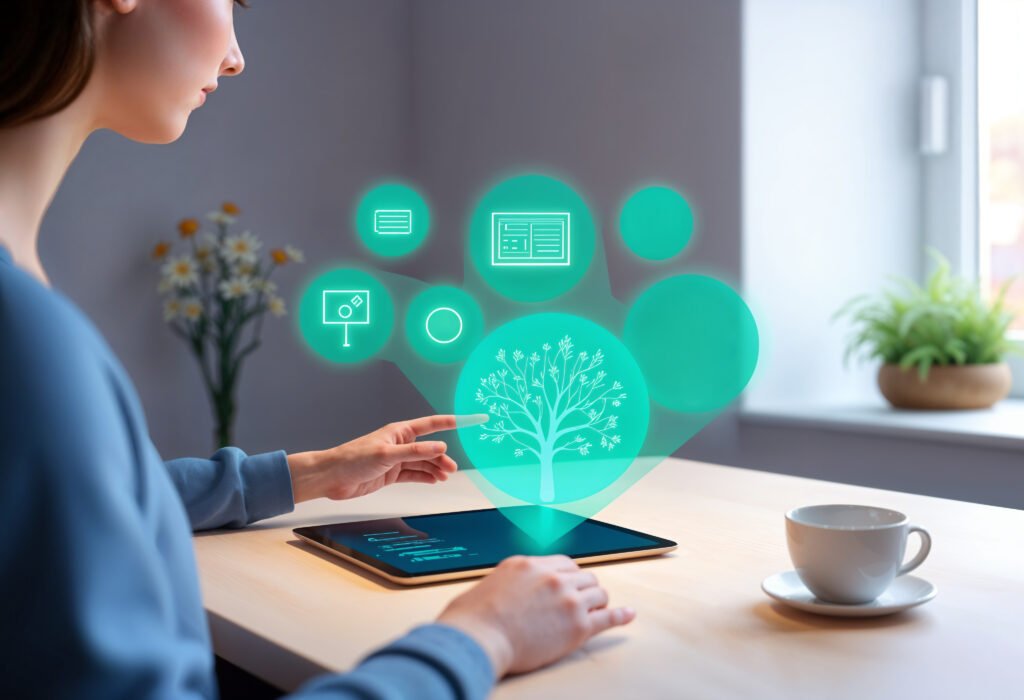 Digital healthcare interface with Ayurvedic tree concept displayed on a tablet, representing services by the best web development company in Kerala for Ayurvedic hospitals focused on user-friendly patient engagement.