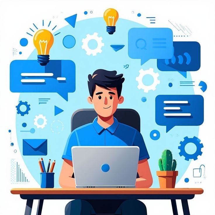 Illustration of a creative professional at a desk with laptop, embodying Cyber Aliens as the best web development company in Alappuzha, surrounded by chat bubbles, gears, lightbulbs, and digital icons symbolizing innovation and tech expertise.