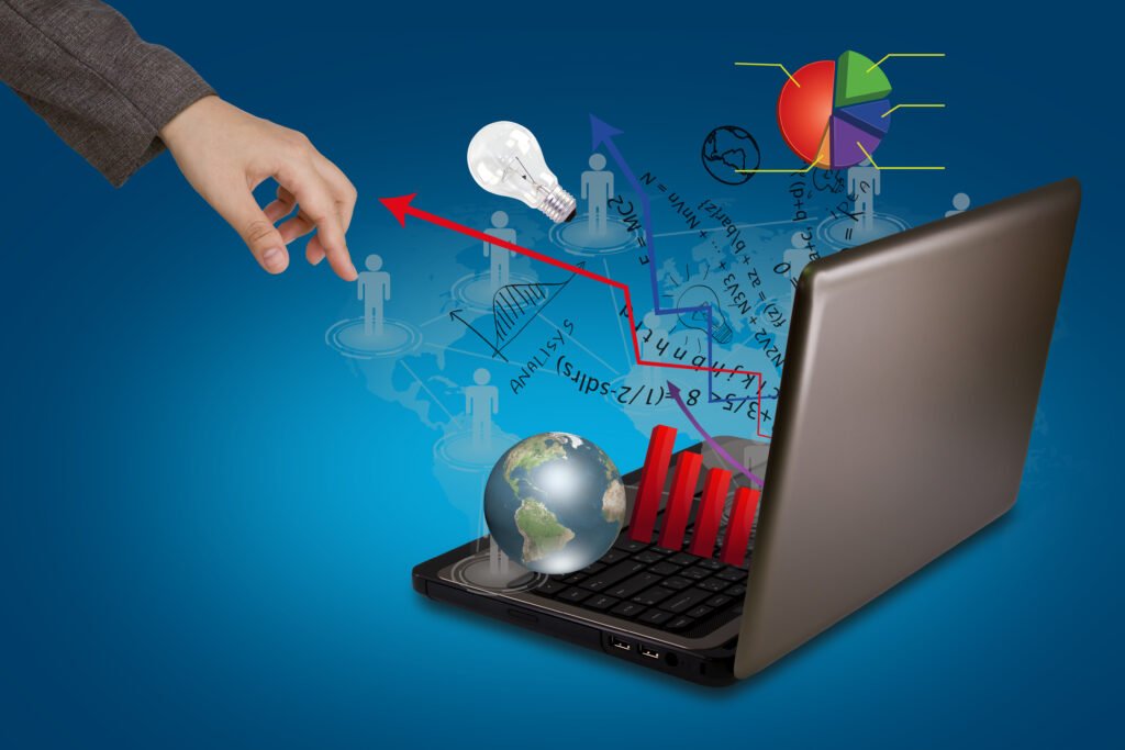 Laptop displaying analytics charts, growth arrows, and global digital icons representing the best web development company in Alappuzha delivering data-driven website solutions
