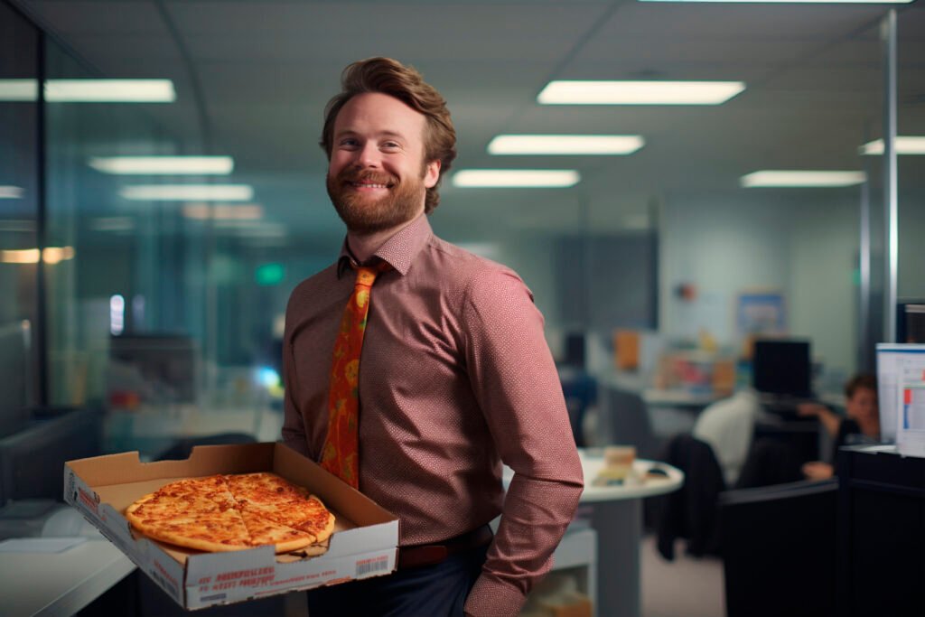 A smiling professional holding a pizza box in a modern workspace, showcasing the collaborative digital agency culture at Cyber Aliens.